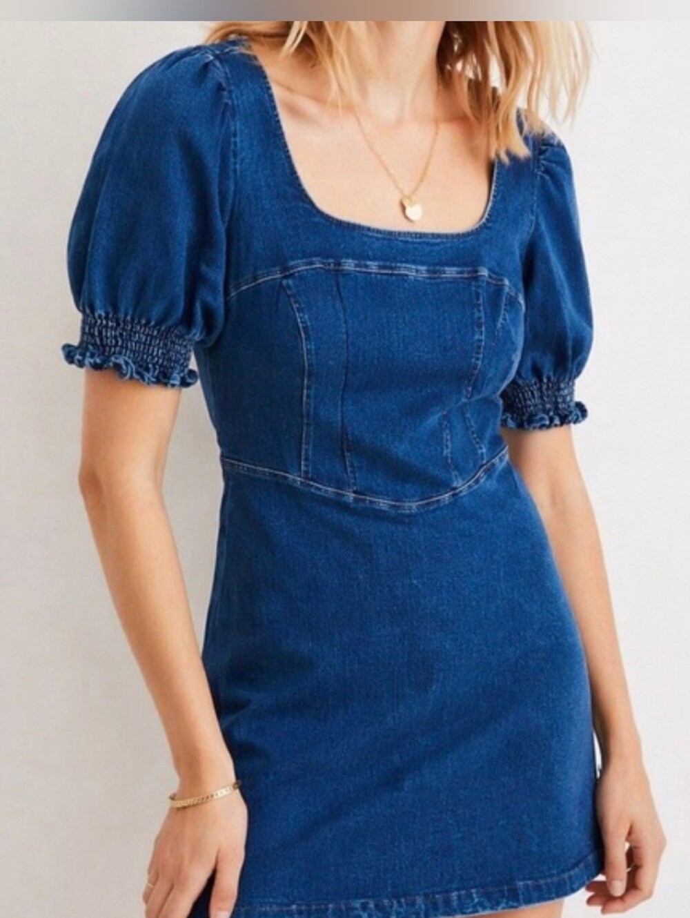 Betsey Johnson Denim Square-Neck Puff Sleeve Mini Dress - Dark Blue